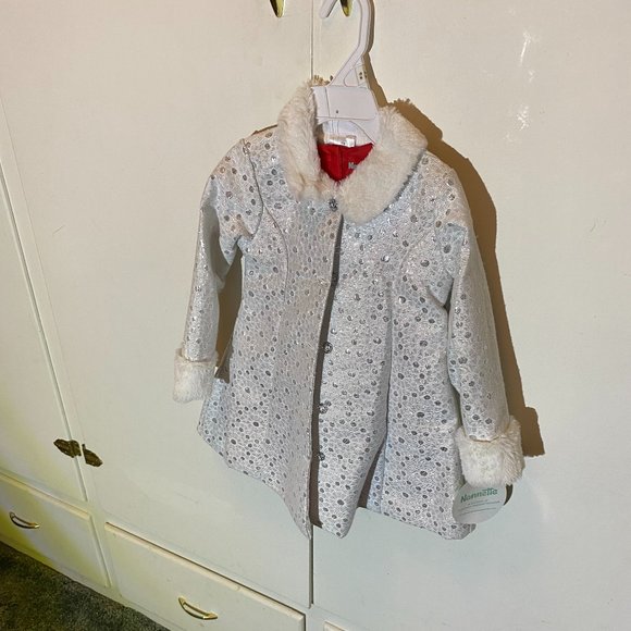Nannette Baby Girl 2pc. White Sparkly Coat/Red Dress - Picture 7 of 15